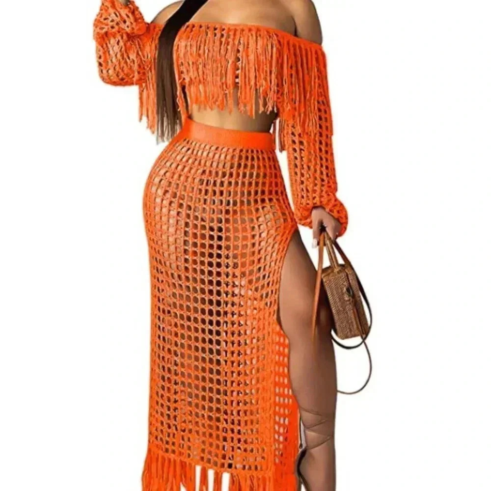 WOMENS ORANGE LOUNGE SET CROP TOP W/ MAXI SKIRT size S-2X